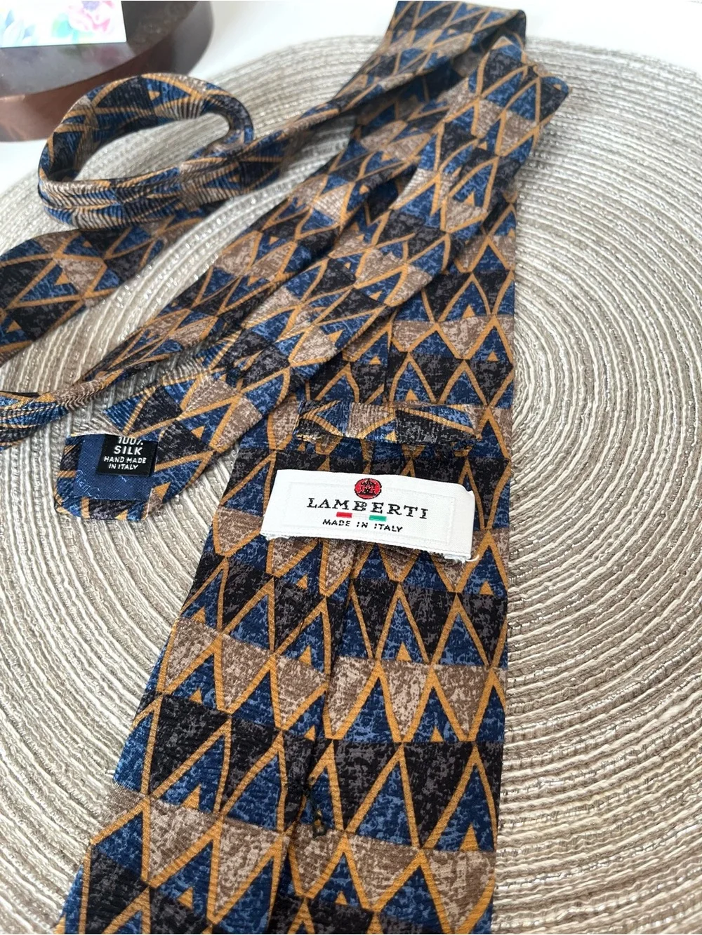 VTG LAMBERTI Silk 100% Necktie Hand Made in Italy Blue Gold Abstract Print